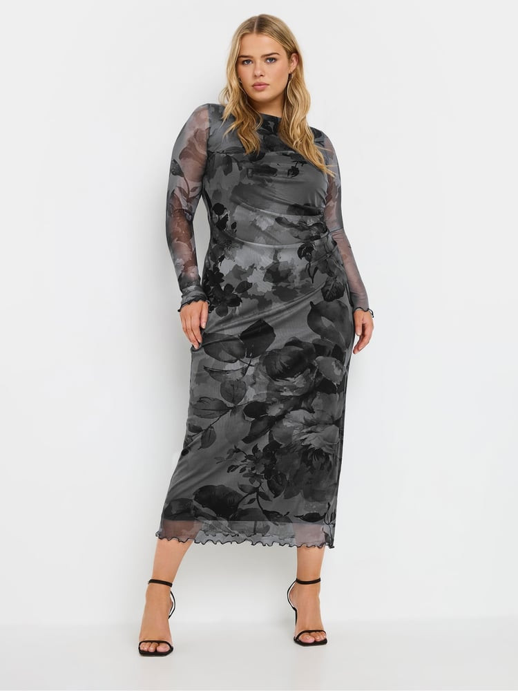 Yours Curve Grey Limited Floral Mesh Dress - Image 1 of 6