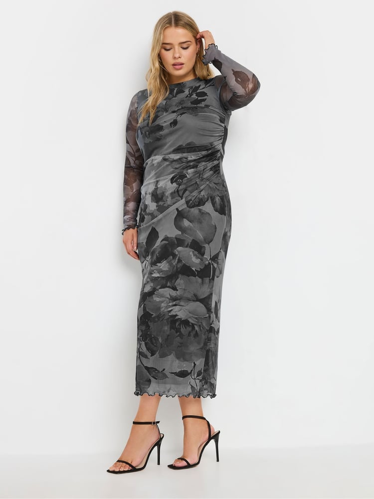 Yours Curve Grey Limited Floral Mesh Dress - Image 2 of 6
