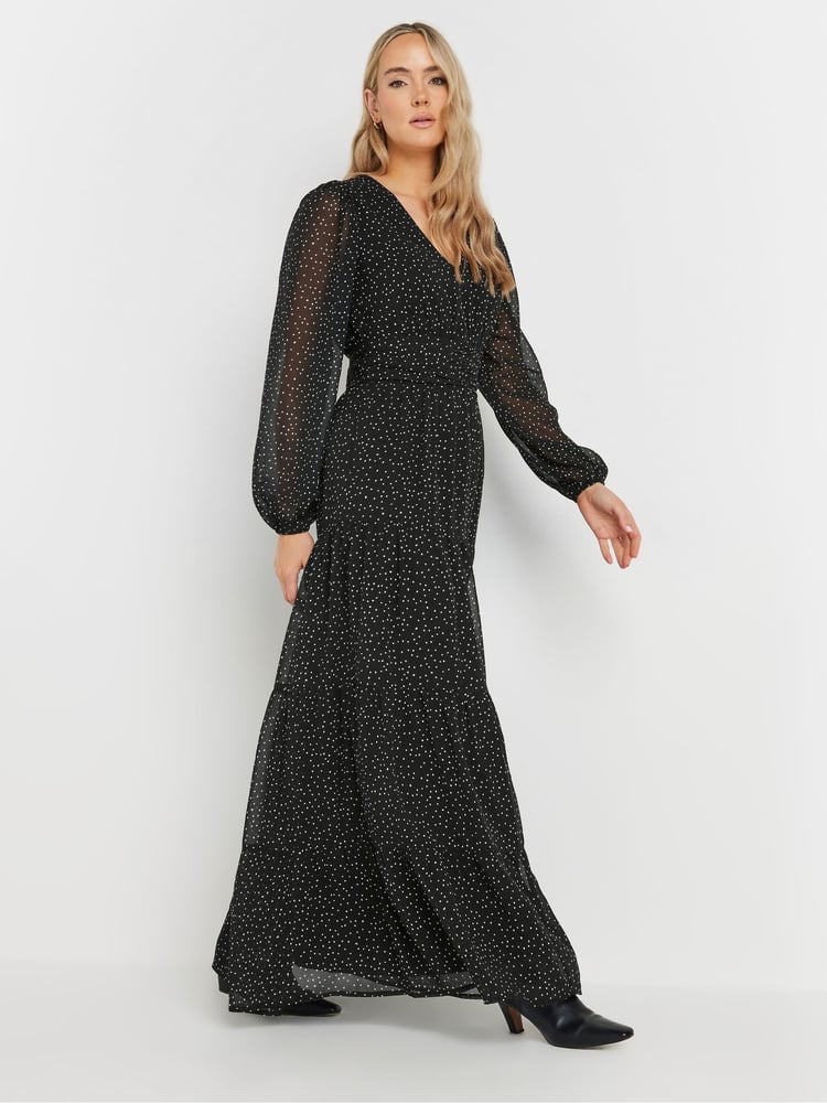 Long Tall Sally Black Chiffon Spot Tiered Maxi Dress - Image 1 of 5