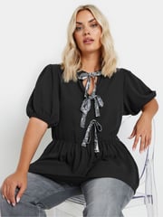 Yours Curve Black Limited Snake Print Bow Top - Image 1 of 6