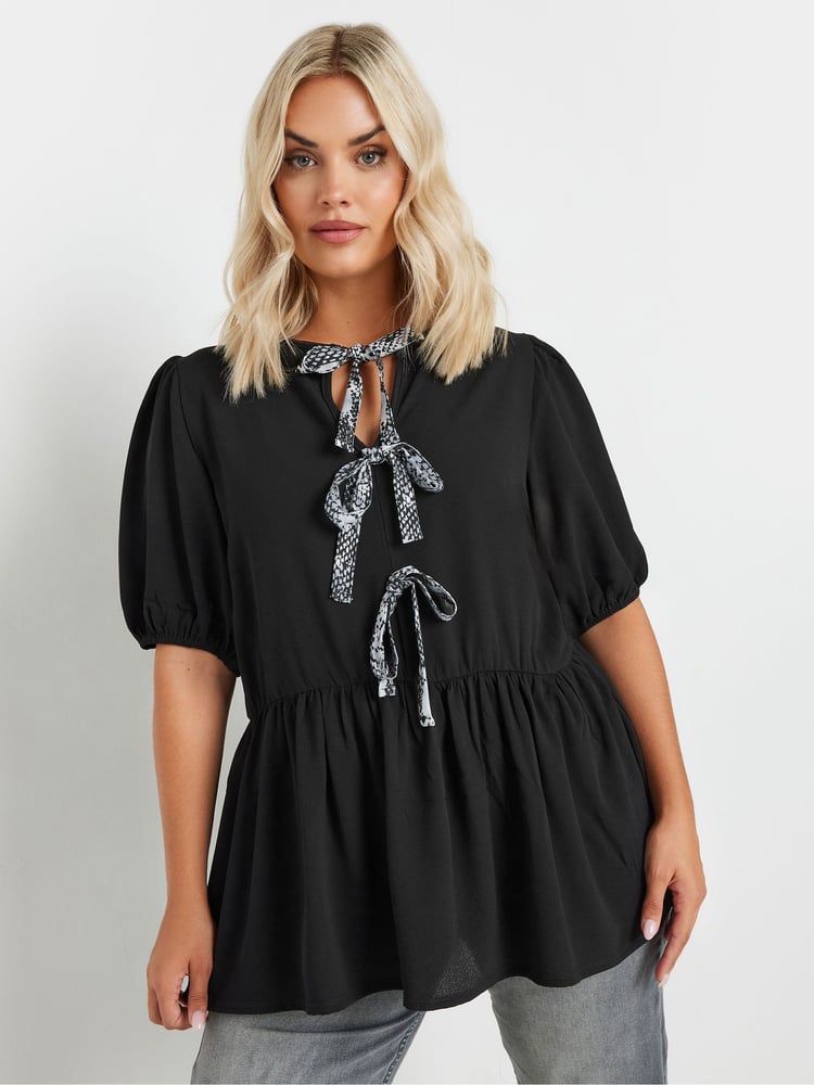 Yours Curve Black Limited Snake Print Bow Top - Image 2 of 6