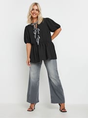 Yours Curve Black Limited Snake Print Bow Top - Image 3 of 6