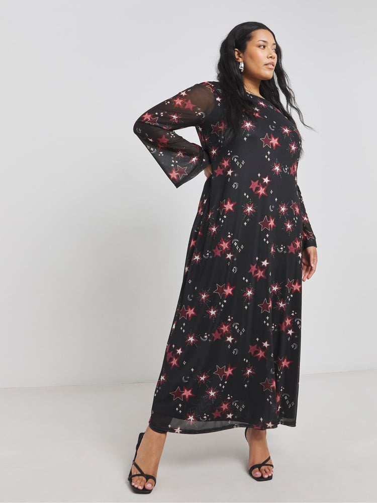 Simply Be Black Long Sleeves Mesh Maxi Dress - Image 1 of 4
