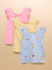 Joules Butterfly Blue & Pink Frill Sleeve Vest Three Pack - Image 1 of 10