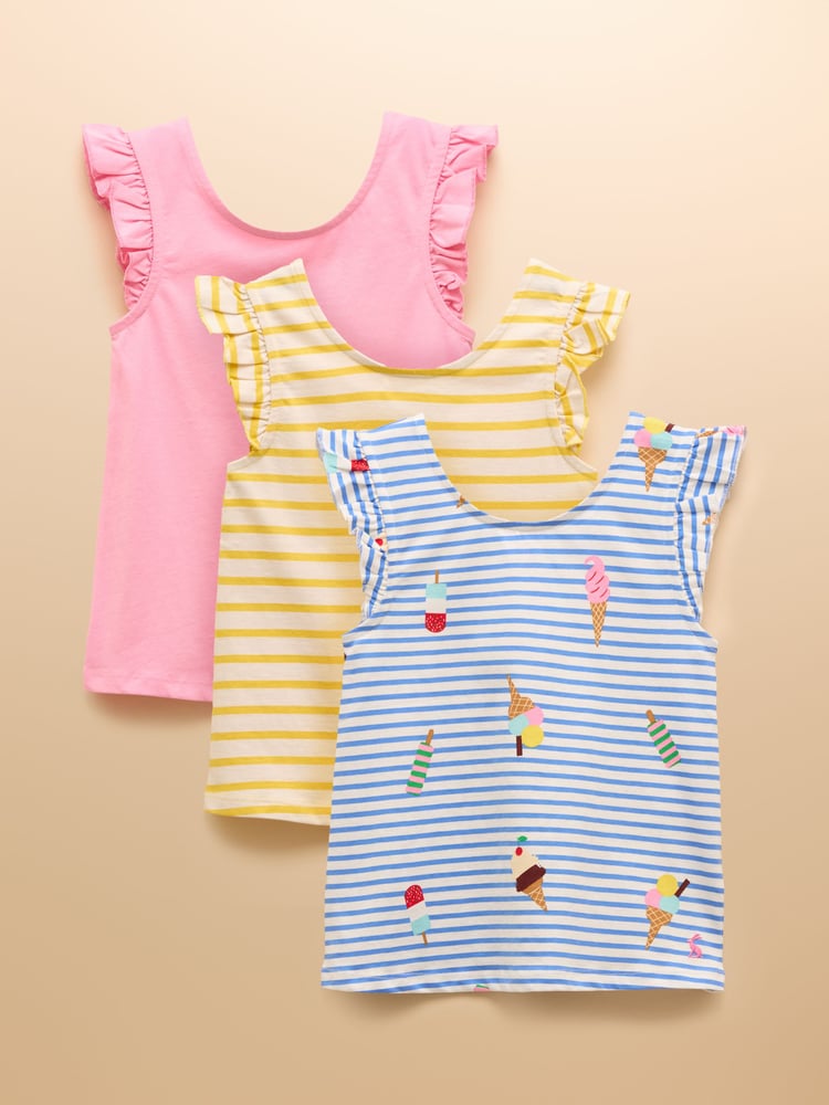Joules Butterfly Blue & Pink Frill Sleeve Vest Three Pack - Image 1 of 10
