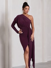 Club L London Purple Catherine One Sleeve Asymmetric Midi Dress With Statement Drape - Image 1 of 5
