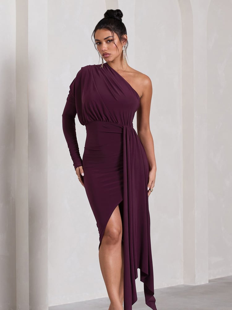 Club L London Purple Catherine One Sleeve Asymmetric Midi Dress With Statement Drape - Image 2 of 5