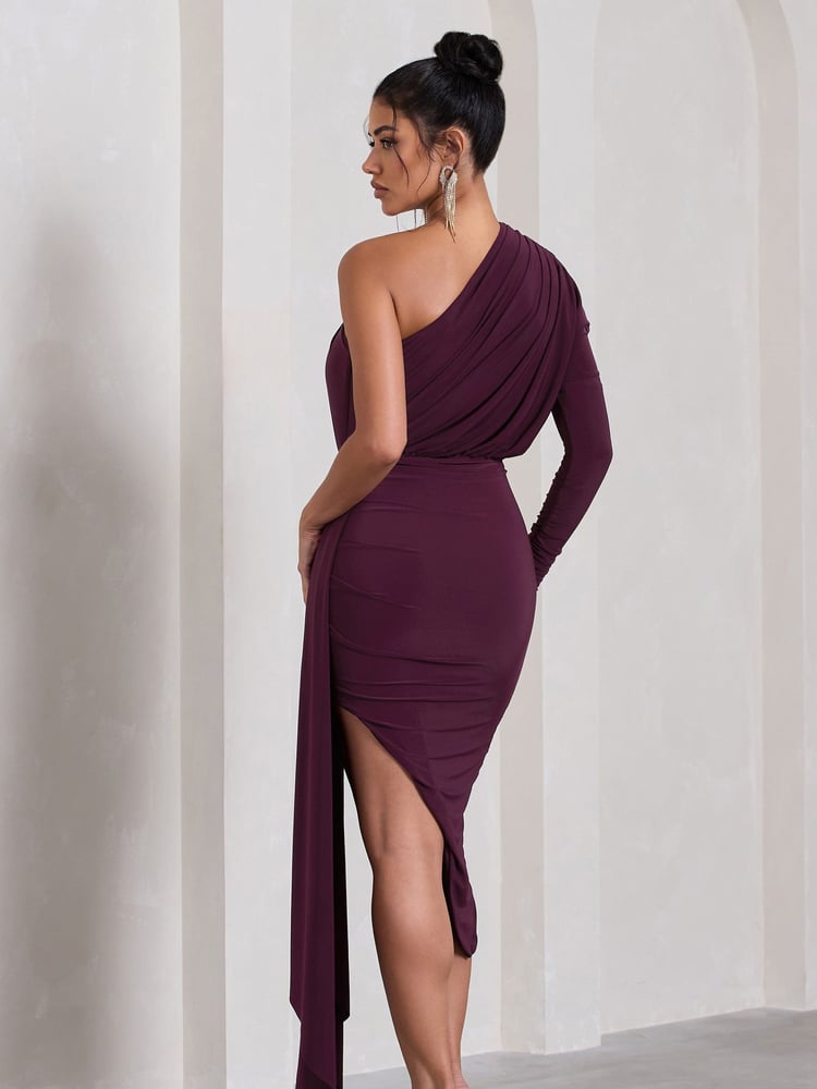 Club L London Purple Catherine One Sleeve Asymmetric Midi Dress With Statement Drape - Image 5 of 5