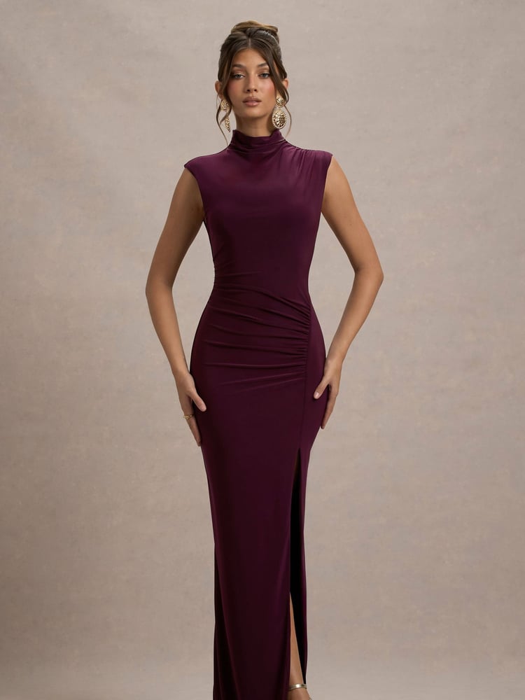 Club L London Purple Lanetta Ruched High-Neck Maxi Dress With Split - Image 1 of 7