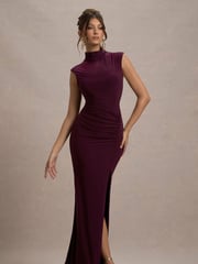 Club L London Purple Lanetta Ruched High-Neck Maxi Dress With Split - Image 2 of 7