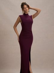 Club L London Purple Lanetta Ruched High-Neck Maxi Dress With Split - Image 4 of 7