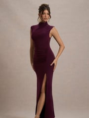 Club L London Purple Lanetta Ruched High-Neck Maxi Dress With Split - Image 5 of 7