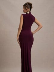 Club L London Purple Lanetta Ruched High-Neck Maxi Dress With Split - Image 6 of 7