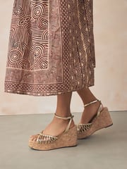 Gold Forever Comfort® Round Toe Weave Detail High Cork Wedges - Image 1 of 10