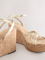 Gold Forever Comfort® Round Toe Weave Detail High Cork Wedges - Image 10 of 10