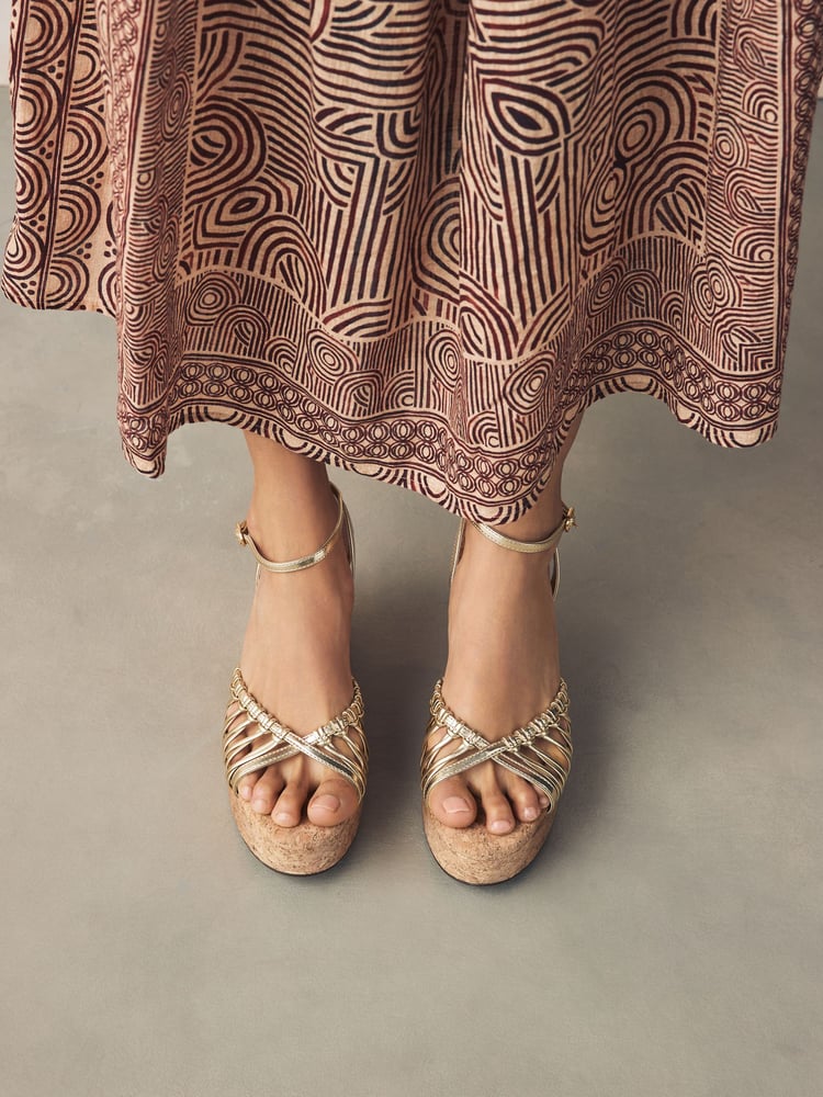 Gold Forever Comfort® Round Toe Weave Detail High Cork Wedges - Image 2 of 10