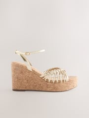 Gold Forever Comfort® Round Toe Weave Detail High Cork Wedges - Image 6 of 10