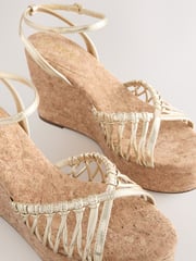Gold Forever Comfort® Round Toe Weave Detail High Cork Wedges - Image 9 of 10