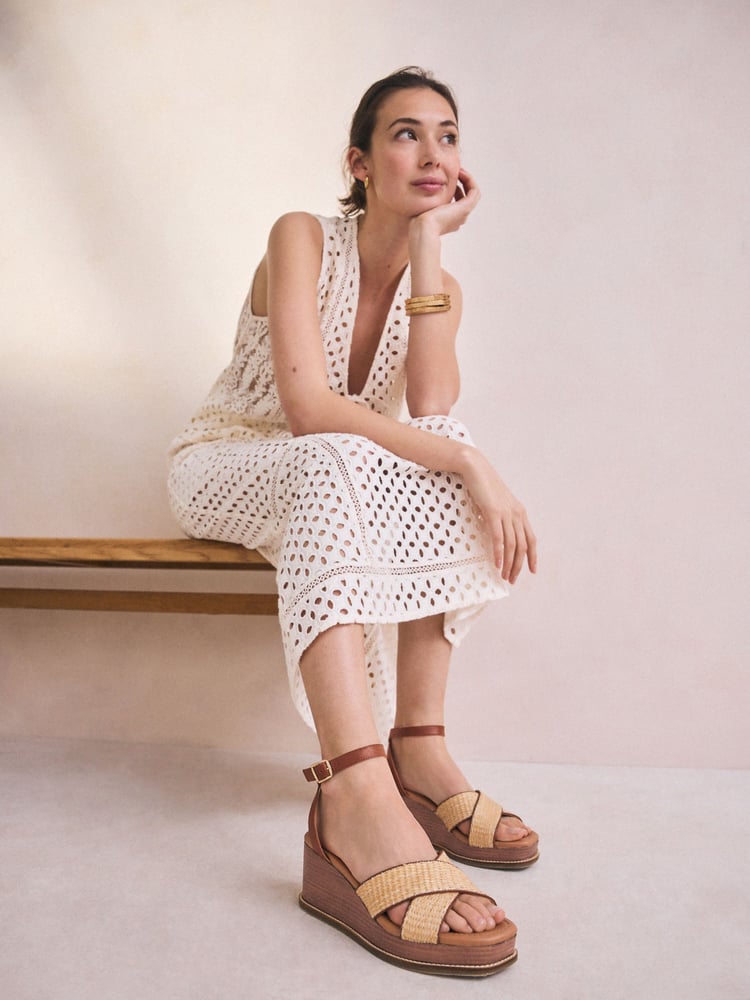 Neutral Raffia Forever Comfort® Leather Square Toe Cross-Over Detail Wedges - Image 2 of 10 Neutral Raffia Forever Comfort® Leather Square Toe Cross-Over Detail Wedges - Image 2 of 10