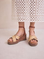 Neutral Raffia Forever Comfort® Leather Square Toe Cross-Over Detail Wedges - Image 3 of 10