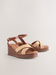 Neutral Raffia Forever Comfort® Leather Square Toe Cross-Over Detail Wedges - Image 7 of 10