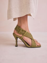 Khaki Green Forever Comfort® Square Toe Weave Cross-Over Slingback Heels - Image 2 of 13