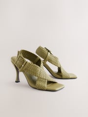 Khaki Green Forever Comfort® Square Toe Weave Cross-Over Slingback Heels - Image 9 of 13