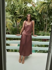Pink Glossy Satin Metallic Midi Skirt - Image 1 of 8