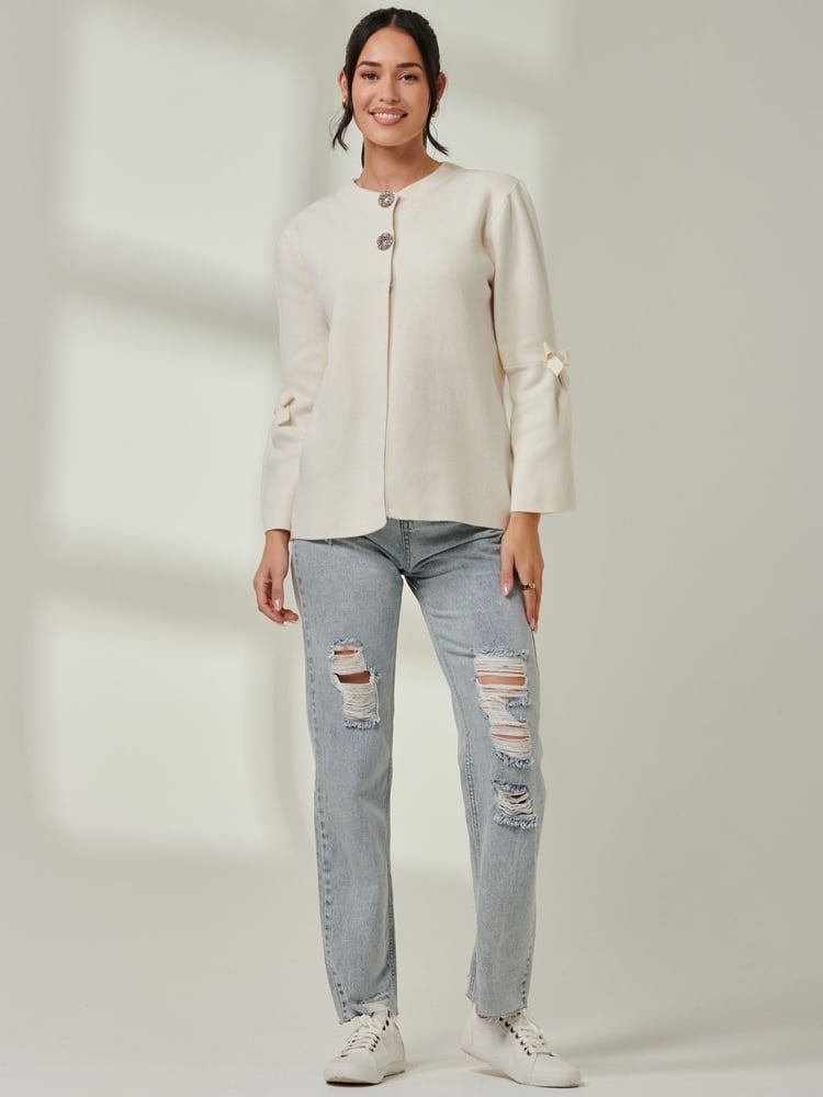 Jolie Moi Cream Knitted Bow Detail Cardigan - Image 1 of 6