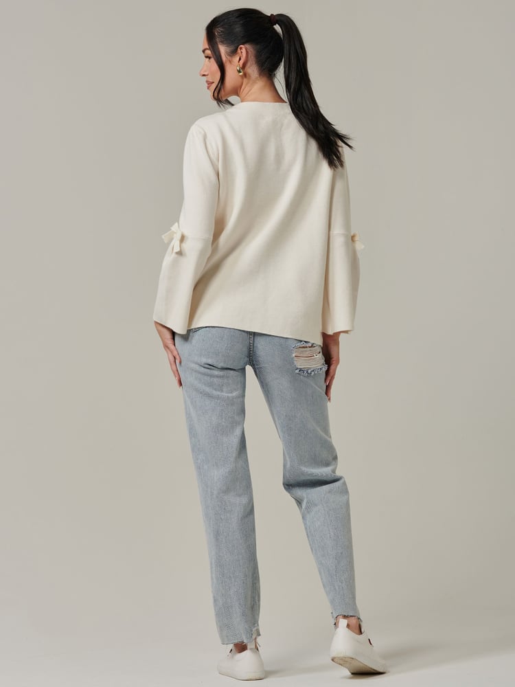 Jolie Moi Cream Knitted Bow Detail Cardigan - Image 2 of 6
