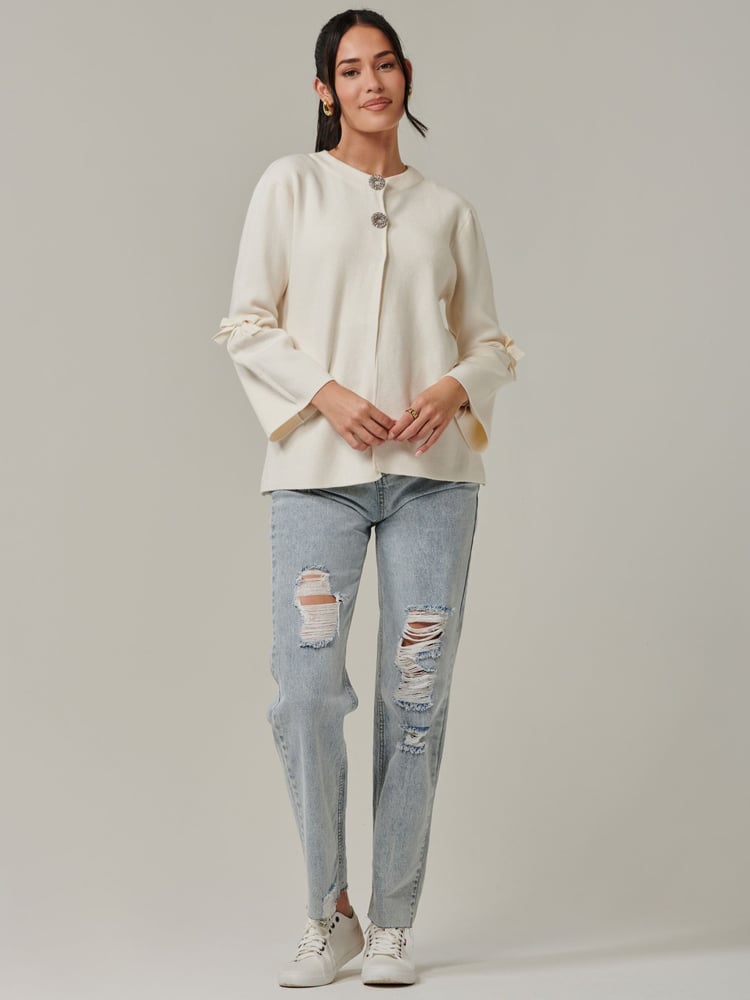 Jolie Moi Cream Knitted Bow Detail Cardigan - Image 6 of 6
