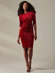 Jolie Moi Red Metallic Thread Velvet Midi Dress - Image 5 of 6