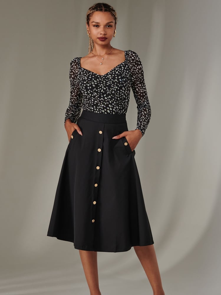 Jolie Moi Black Button Up Midi Skirt - Image 1 of 6