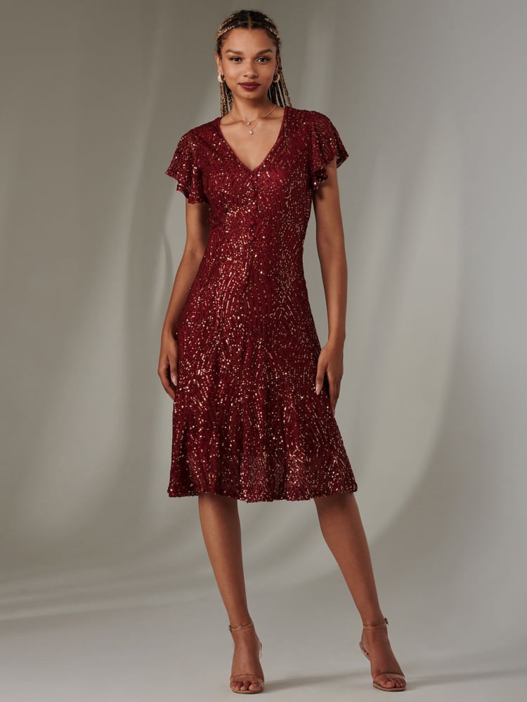 Jolie Moi Red V-Neck Fit and Flare Sequin Dress - Image 1 of 6