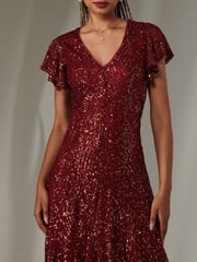 Jolie Moi Red V-Neck Fit and Flare Sequin Dress - Image 3 of 6