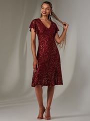 Jolie Moi Red V-Neck Fit and Flare Sequin Dress - Image 4 of 6