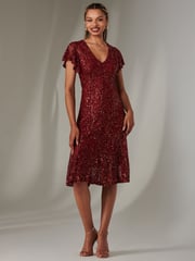 Jolie Moi Red V-Neck Fit and Flare Sequin Dress - Image 5 of 6