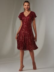 Jolie Moi Red V-Neck Fit and Flare Sequin Dress - Image 6 of 6