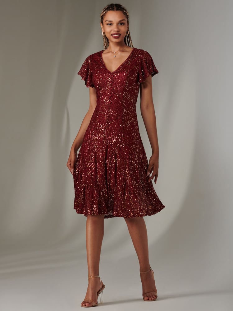 Jolie Moi Red V-Neck Fit and Flare Sequin Dress - Image 6 of 6