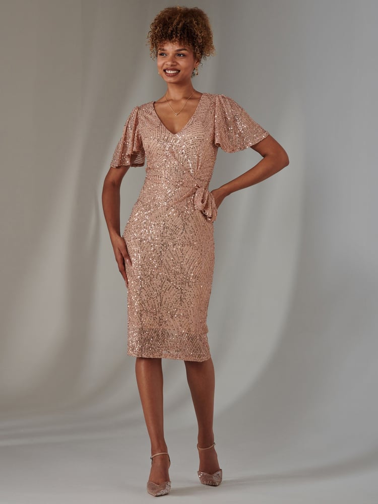 Jolie Moi Gold Angel Sleeves V-Neck Sequin Dress - Image 6 of 6