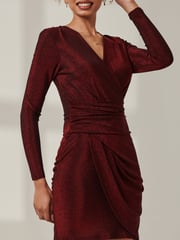 Jolie Moi Red Metallic Long Sleeves Knee Length Dress - Image 3 of 6