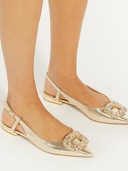 Dune London Gold Print Confidence Broach Trim Flat Slingback Flats - Image 1 of 6