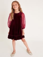 Monsoon Red Noa Spotty Organza Sleeves Velvet Dress - Image 1 of 4