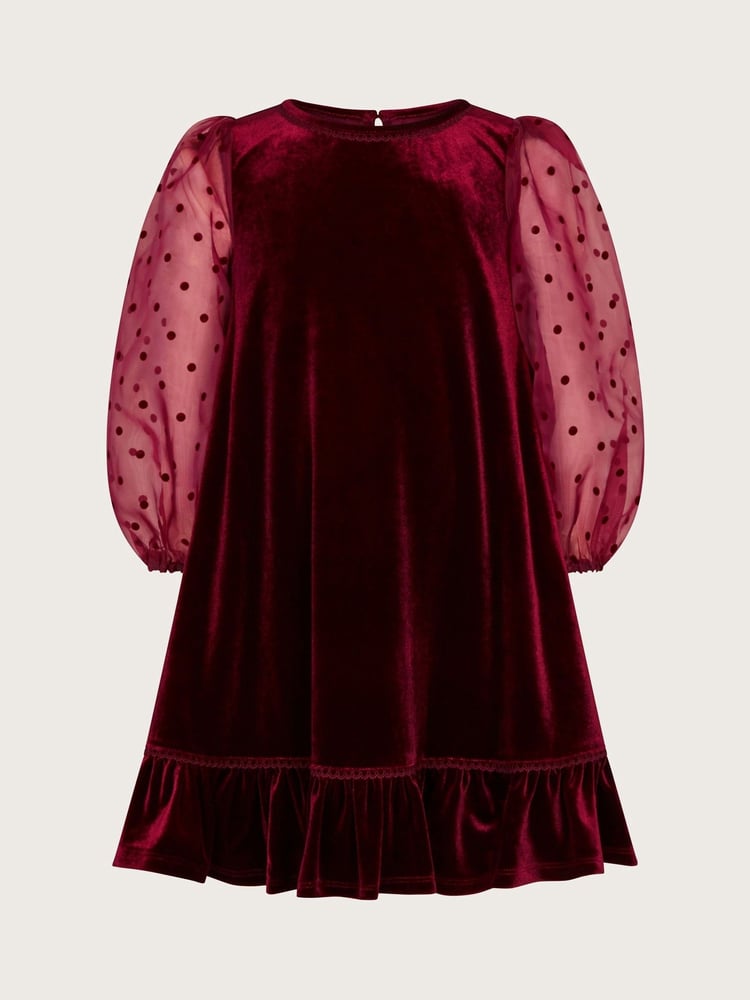 Monsoon Red Noa Spotty Organza Sleeves Velvet Dress - Image 2 of 4