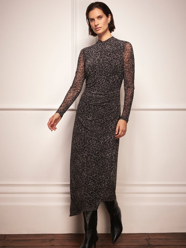 Mint Velvet Grey Animal Print Mesh Midi Dress - Image 1 of 4 Mint Velvet Grey Animal Print Mesh Midi Dress - Image 1 of 4
