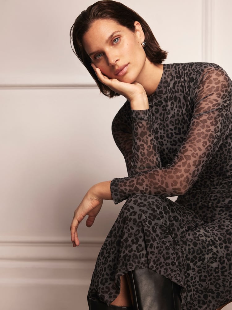 Mint Velvet Grey Animal Print Mesh Midi Dress - Image 2 of 4 Mint Velvet Grey Animal Print Mesh Midi Dress - Image 2 of 4