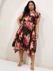 Lipsy Black Curve Floral Printed Frill Sleeve Fit And Flare Midi Dress - Image 1 of 4