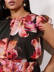 Lipsy Black Curve Floral Printed Frill Sleeve Fit And Flare Midi Dress - Image 2 of 4