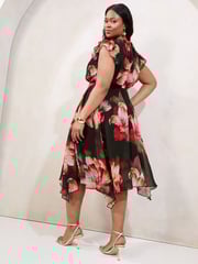 Lipsy Black Curve Floral Printed Frill Sleeve Fit And Flare Midi Dress - Image 4 of 4