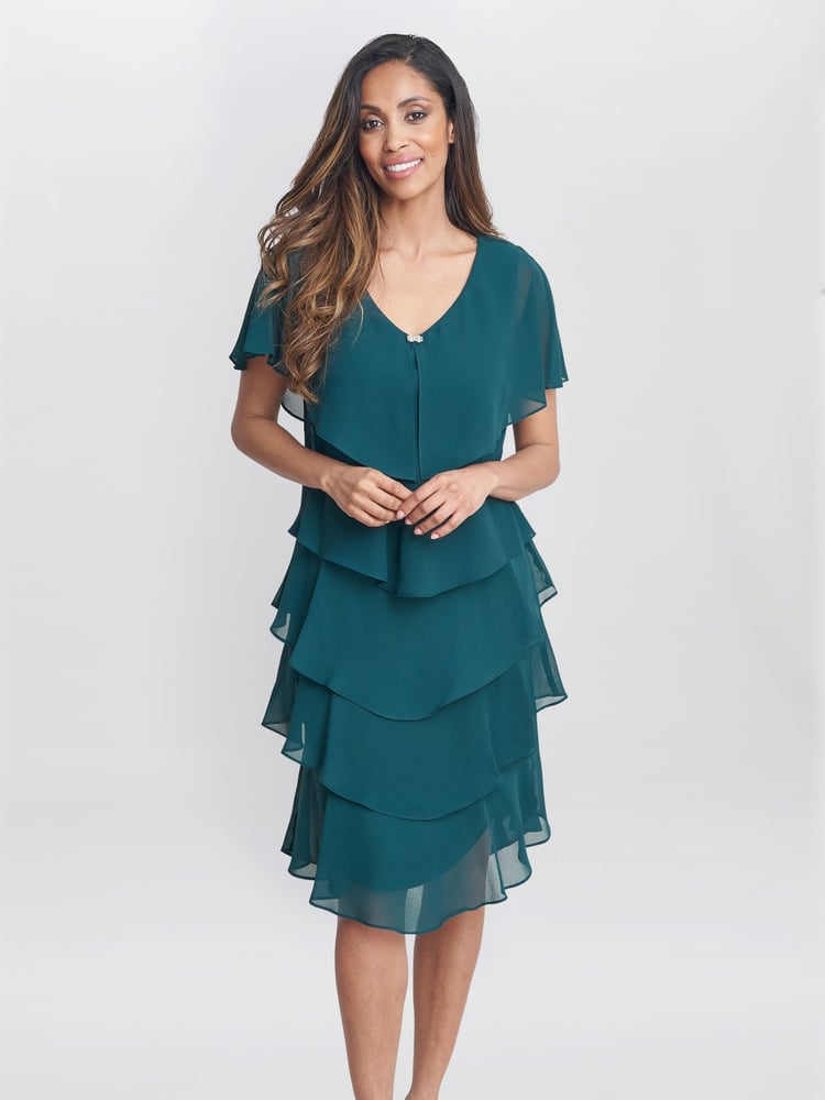Gina Bacconi Green Bella Georgette Tiered Dress - Image 1 of 5